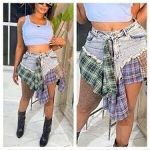 NWT Micas  Asymmetrical Plaid Patchwork Denim Mini US Size 10 Blue Green